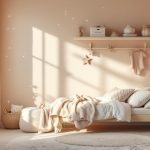 Chambre d’enfant lumineuse et poétique, aux tons doux, avec rangements soignés, textiles moelleux et une ambiance rêveuse et chaleureuse baignée par une lumière naturelle.