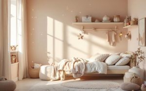 Chambre d’enfant lumineuse et poétique, aux tons doux, avec rangements soignés, textiles moelleux et une ambiance rêveuse et chaleureuse baignée par une lumière naturelle.