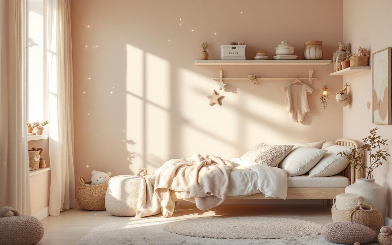 Chambre d’enfant lumineuse et poétique, aux tons doux, avec rangements soignés, textiles moelleux et une ambiance rêveuse et chaleureuse baignée par une lumière naturelle.