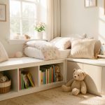 Chambre d’enfant lumineuse et douce avec un coin lecture confortable, des rangements bas intégrés, des coussins et une ambiance chaleureuse aux tons pastel.