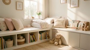Chambre d’enfant lumineuse et douce avec un coin lecture confortable, des rangements bas intégrés, des coussins et une ambiance chaleureuse aux tons pastel.