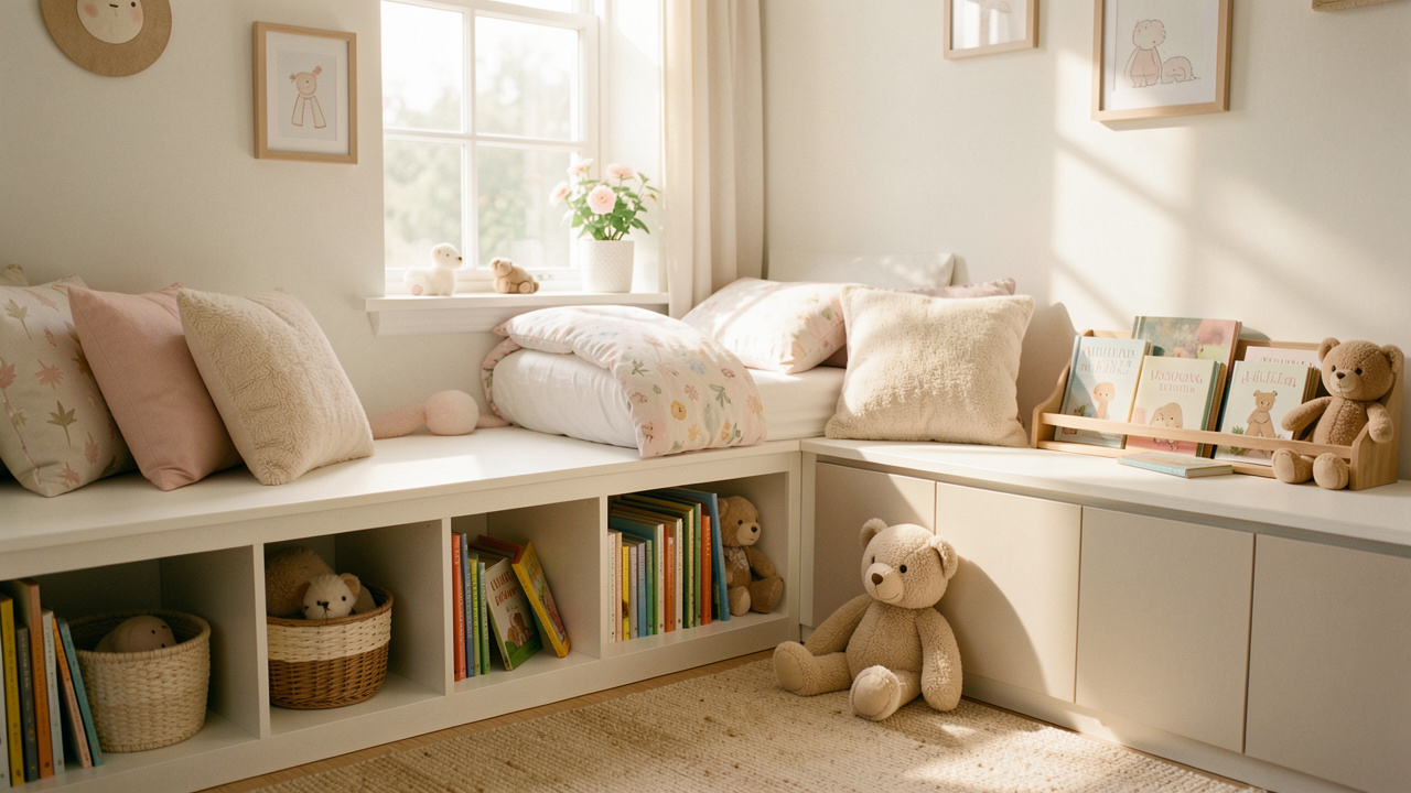 Chambre d’enfant lumineuse et douce avec un coin lecture confortable, des rangements bas intégrés, des coussins et une ambiance chaleureuse aux tons pastel.