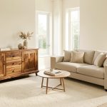Quels meubles anciens choisir pour une déco moderne sans effet appartement témoin ? Salon contemporain lumineux avec un buffet ancien en noyer patiné, un canapé aux lignes épurées, des murs blanc cassé et un tapis en laine écrue.
