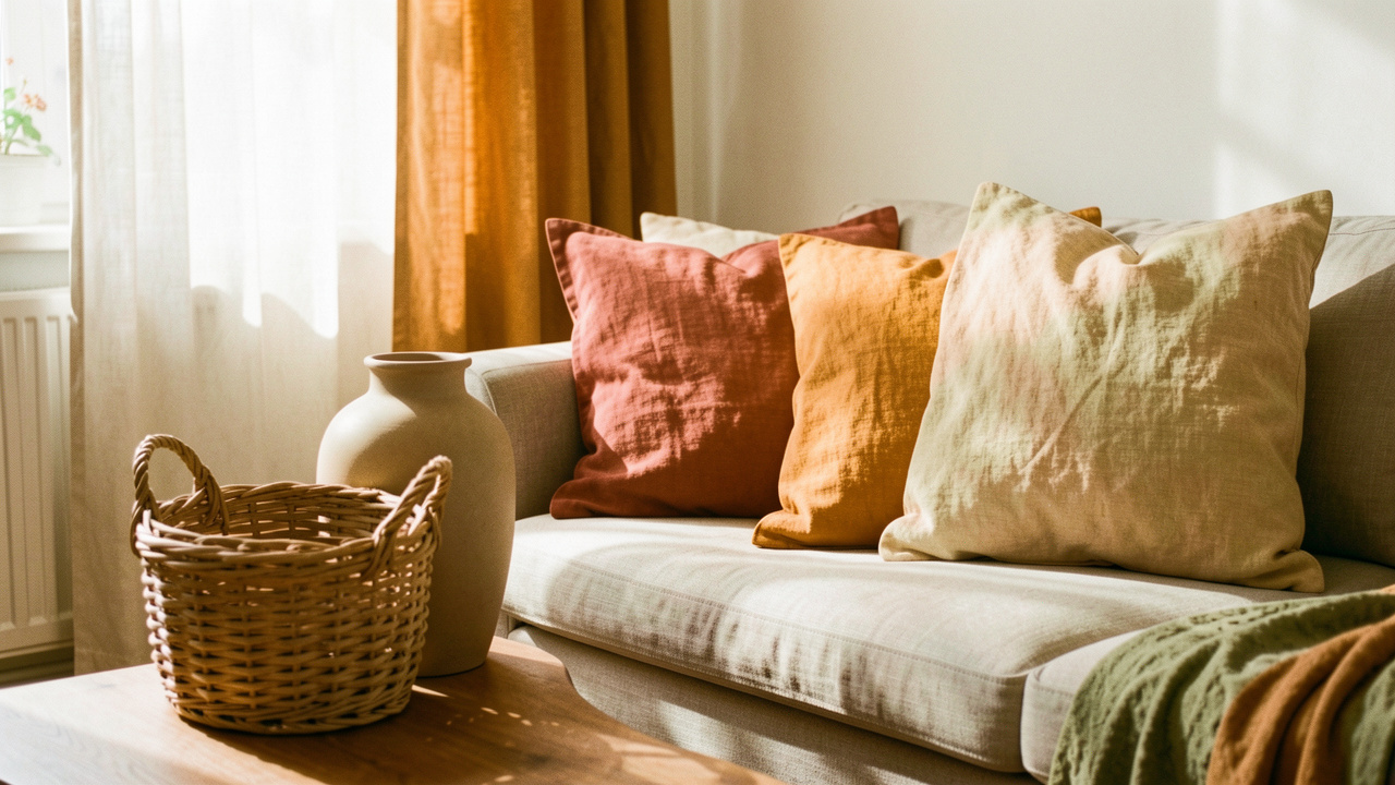 Salon lumineux aux teintes d’automne avec un vase en céramique mate, un panier en fibres naturelles et des coussins en coton lavé, baignés d’une lumière douce.