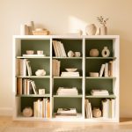 Comment donner du charme à une bibliothèque Billy en 5 minutes sans travaux ? Bibliothèque blanche dans un salon lumineux, avec un fond d’étagères vert sauge mat, des livres et des céramiques sobres dans une décoration chaleureuse.