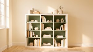 Bibliothèque blanche dans un salon lumineux, avec un fond d’étagères vert sauge mat, des livres et des céramiques sobres dans une décoration chaleureuse.