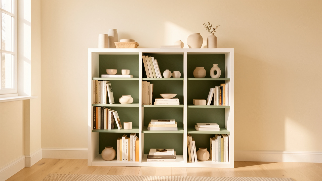 Bibliothèque blanche dans un salon lumineux, avec un fond d’étagères vert sauge mat, des livres et des céramiques sobres dans une décoration chaleureuse.