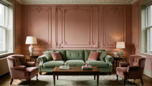 Salon d’appartement new-yorkais rétro avec canapé en velours vert sauge, palette rose poudré, moulures anciennes et lumière douce dans une composition symétrique.