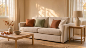 Salon automnal lumineux aux murs beige chaud, avec canapé en lin écru, coussins terracotta et vert sauge, mobilier en bois clair et lumière douce de fin d’après-midi.