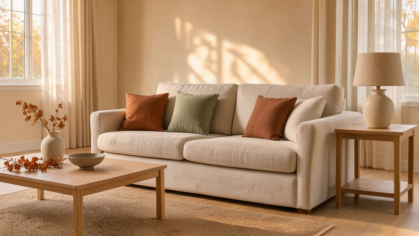 Salon automnal lumineux aux murs beige chaud, avec canapé en lin écru, coussins terracotta et vert sauge, mobilier en bois clair et lumière douce de fin d’après-midi.