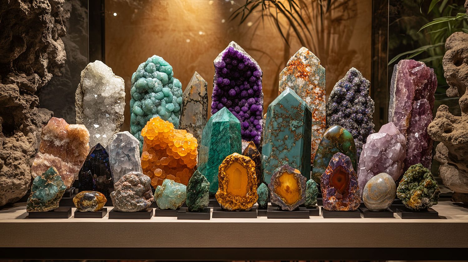 Géode d’améthyste posée sur une étagère dans un intérieur lumineux.